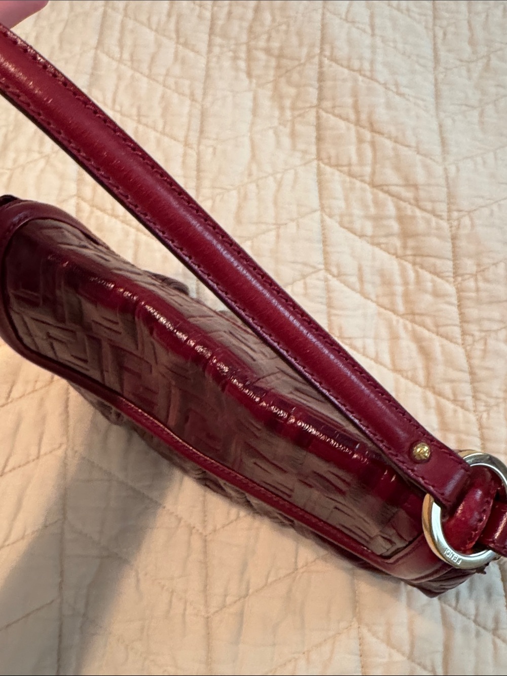 Authentic Fendi Wine Red Embossed FF Leather Shoulder Bag - Picture 5 of 12